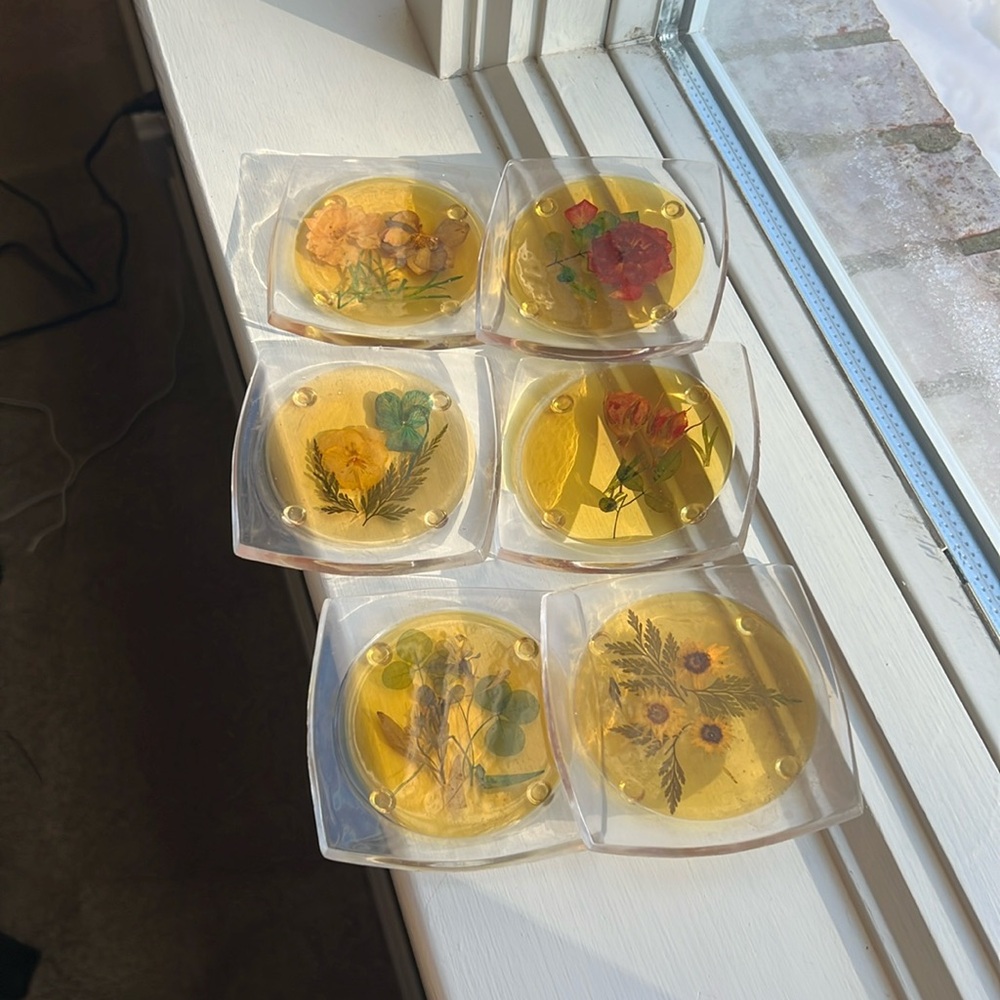 SET OF 6 PRESSED FLOWERS ACRYLIC/LUCITE COASTERS-VINTAGE-1970s 1980s